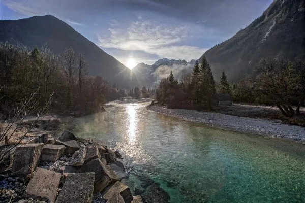 River Soča Valley at the sunset