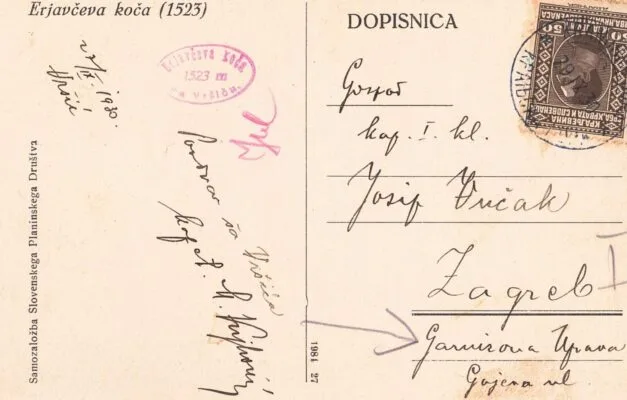 Erjavčeva koča postcard from 1930 (back)