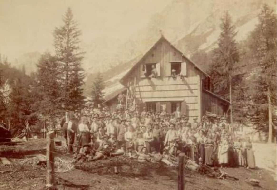 Opening of the Vosshütte today Erjavec lodge below Vršič on July 14, 1901