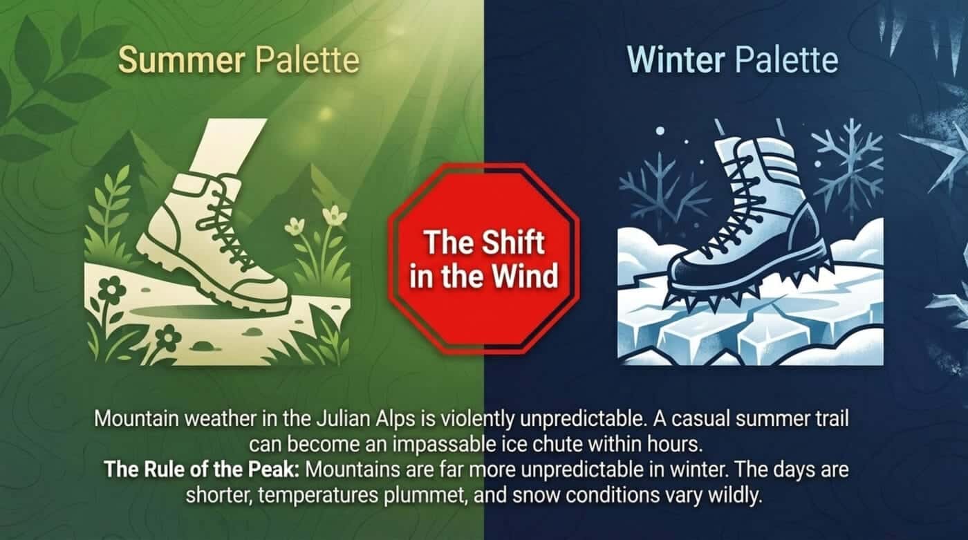 Slovenia – Julian Alps – Kranjska Gora – Vršič Pass – Erjavčeva koča Mountain Hut - Summer palette and winter palette