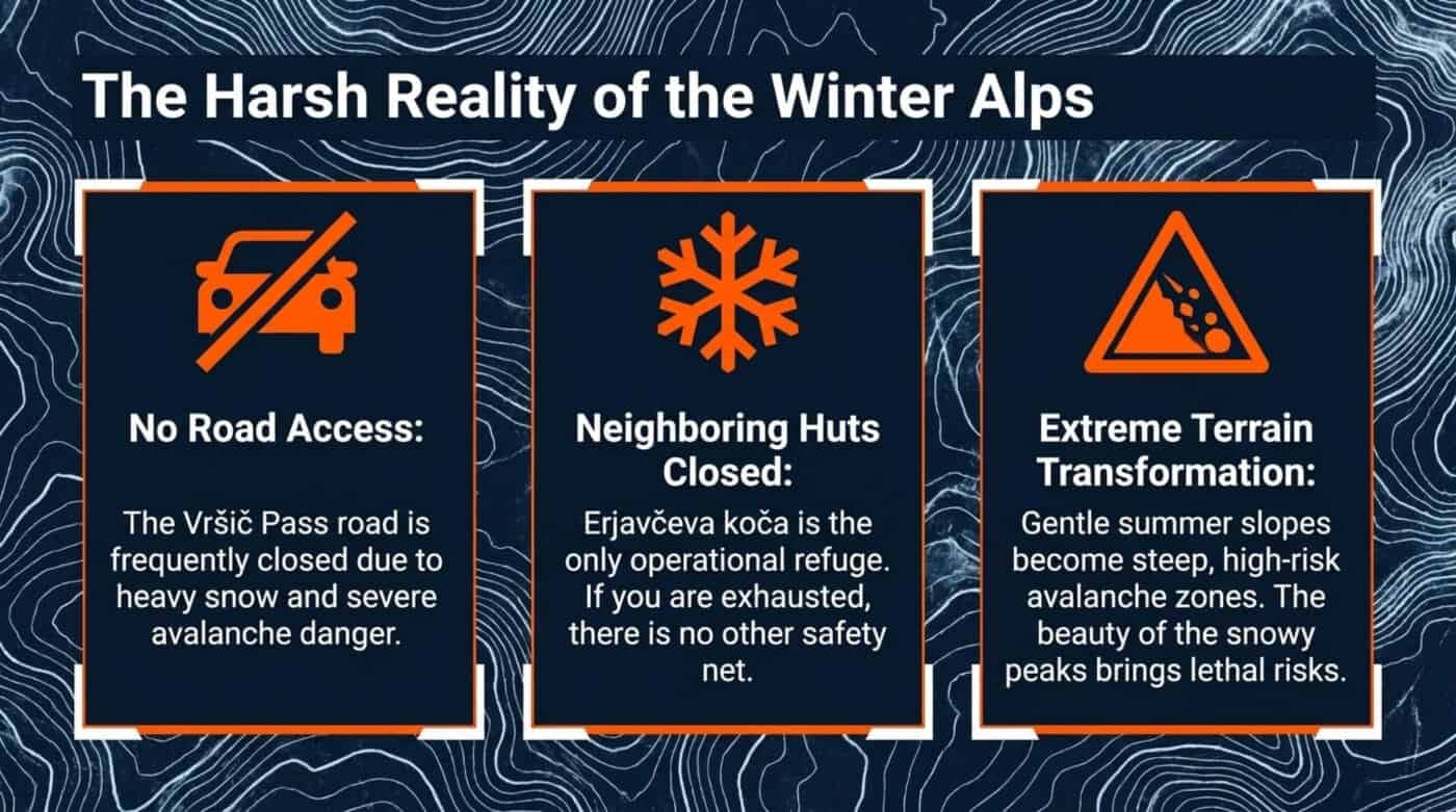 Slovenia – Julian Alps – Kranjska Gora – Vršič Pass – Erjavčeva koča Mountain Hut - The harsh reality of the winter alps