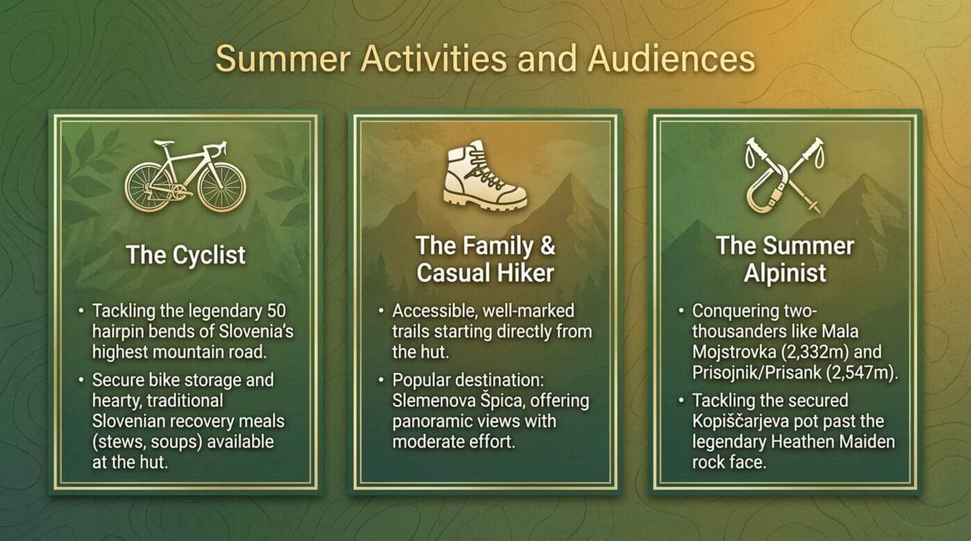 Slovenia – Julian Alps – Kranjska Gora – Vršič Pass – Erjavčeva koča Mountain Hut - summer activities