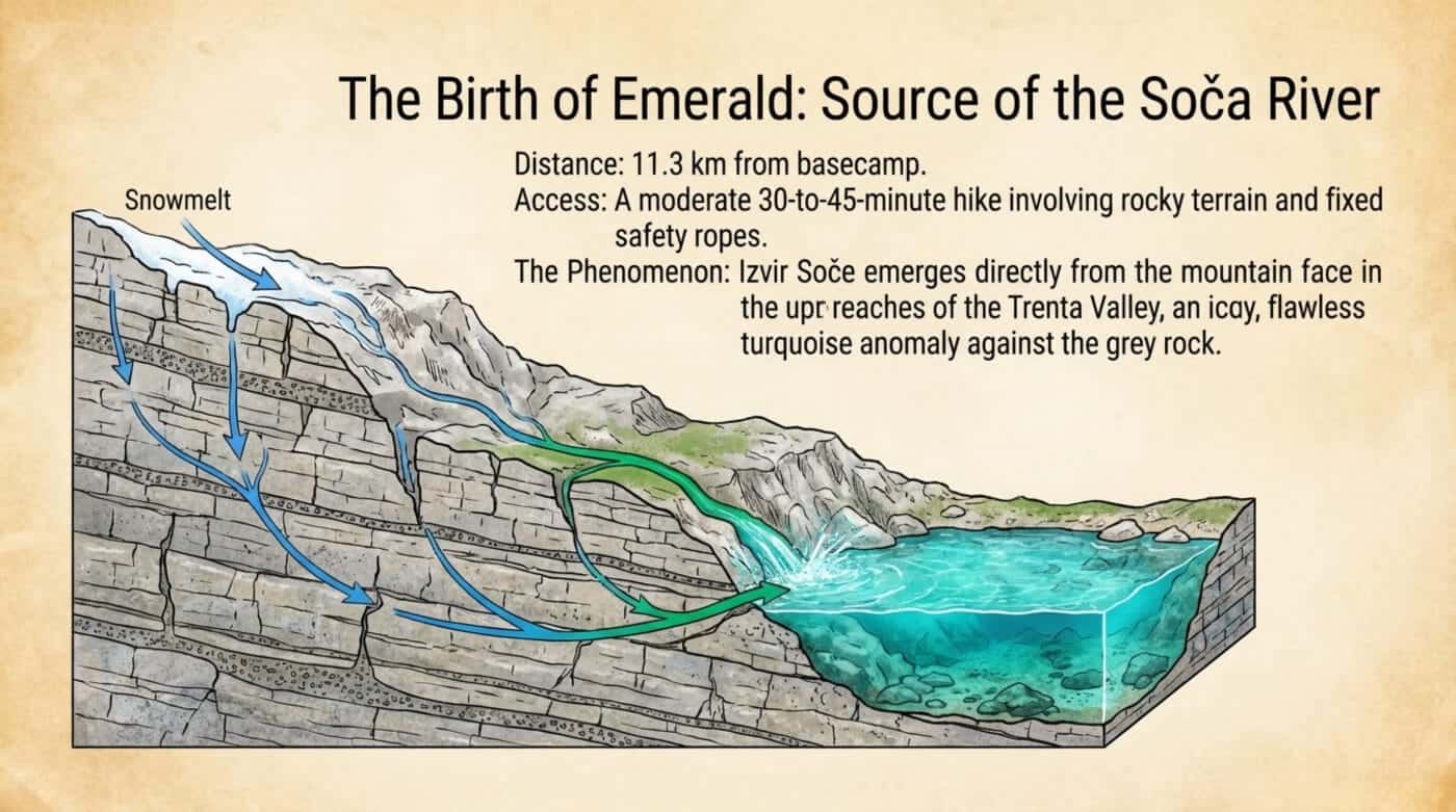 Slovenia – Julian Alps – Kranjska Gora – Vršič Pass – Erjavčeva koča Mountain Hut - the birth of emerald source of the soča river